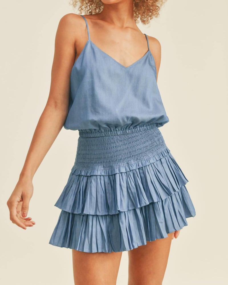 Front of a model wearing a size L Cami & Smocked Skirt Set In Denim in Denim by RESET by Jane. | dia_product_style_image_id:351178